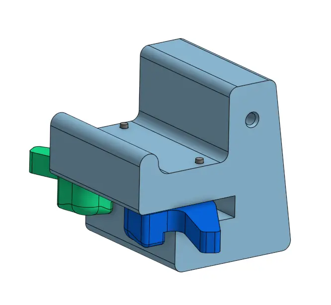 CAD model showing the hospital holder dual-lever rail mounting mechanism